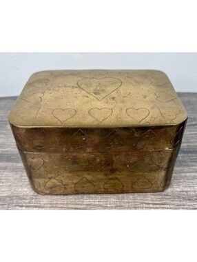 Vtg Brass Heart Trinket Box Hand Etched Folk Art Jewelry Keepsake 7” Stamped 38